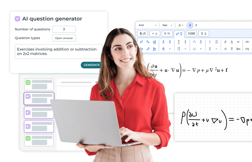 Smiling woman holding a laptop, surrounded by WIRIS interface elements such as an AI question generator, equation editor toolbar, matrix exercises, and mathematical formulas